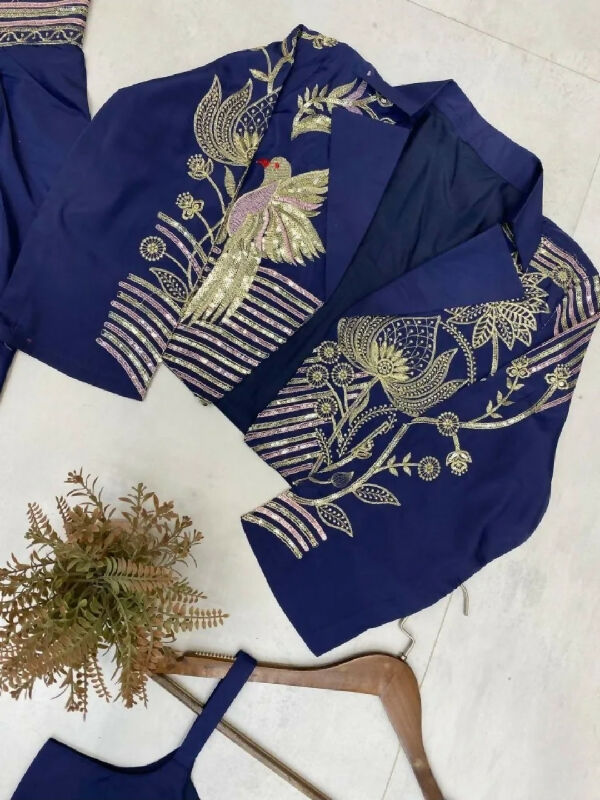 Blue indo western top with jacket and pleated skirt