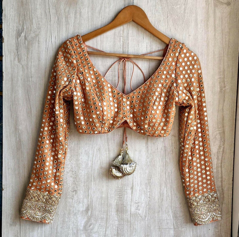 Embroidered Georgette Deep V Neck Blouse Long Sleeves