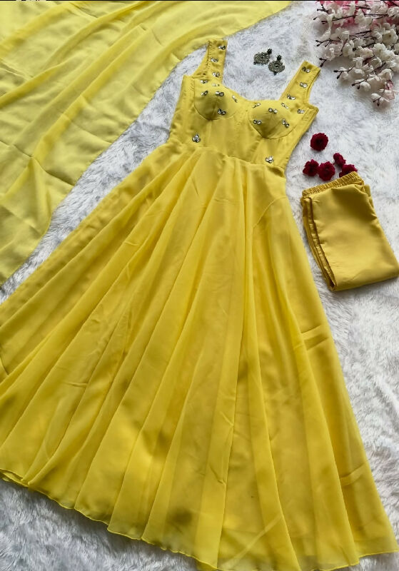 Yellow corset flaired anarkali suit with pent and dupatta 3pc set
