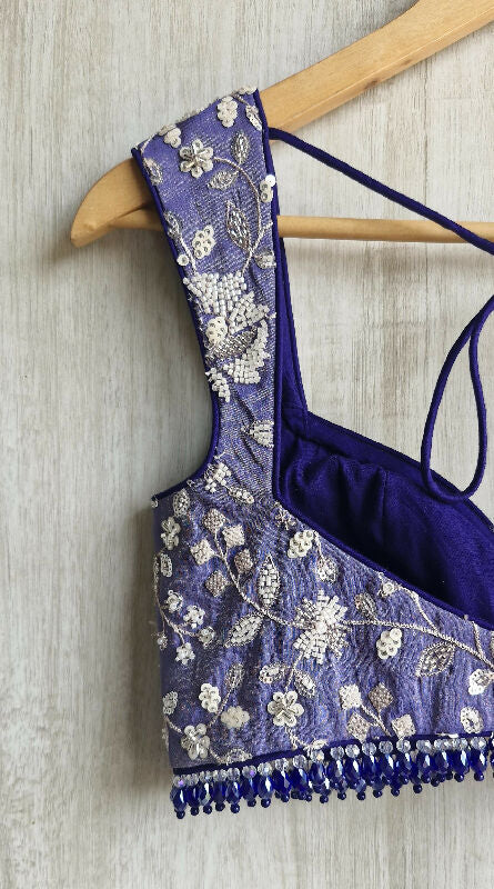 Blue Embroidered Tissue Silk Saree Blouse. Deep Sweetheart Neck Bralette DVBL_489