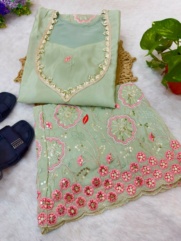 Green silk indo western crop top with kurti and sharara 3pc set