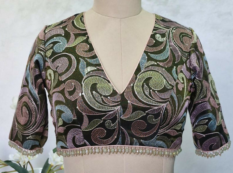 Deep Olive Green Embroidered Tissue Silk Saree Blouse, Elbow Sleeves