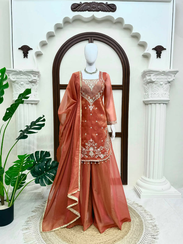 Purple silk choli u cut suit with palazzo and dupatta 3pc set