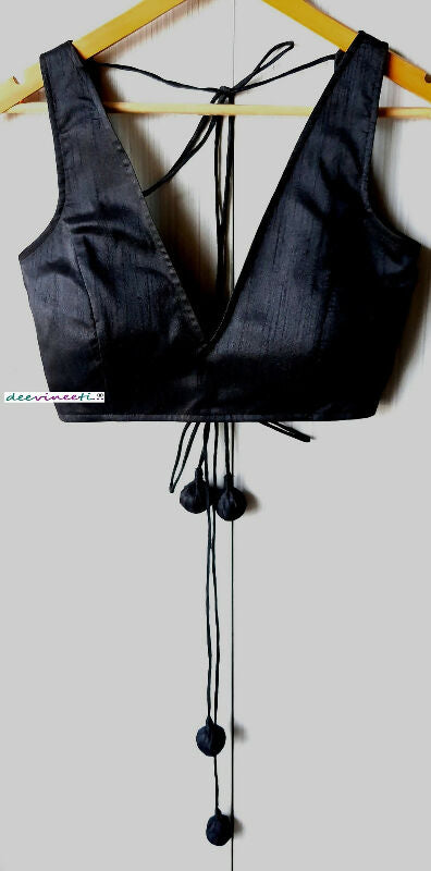 Black Blended Raw Silk Deep V Neck Blouse