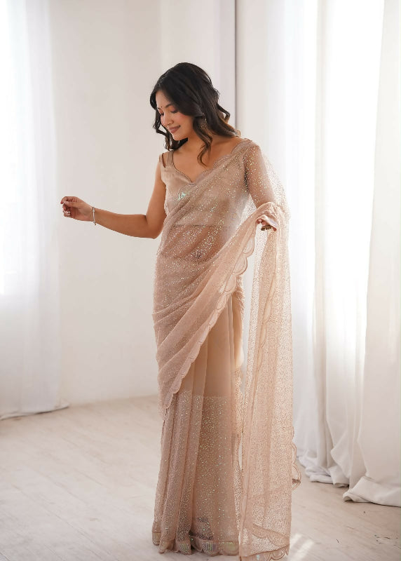 Beige gold sequin embroidery saree with blouse