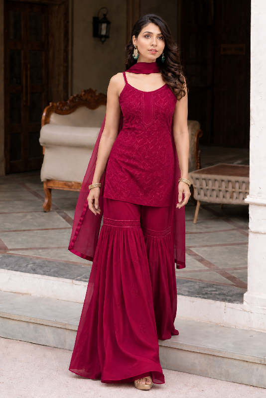 Dark pink spaghetti kurti with sharara and dupatta set
