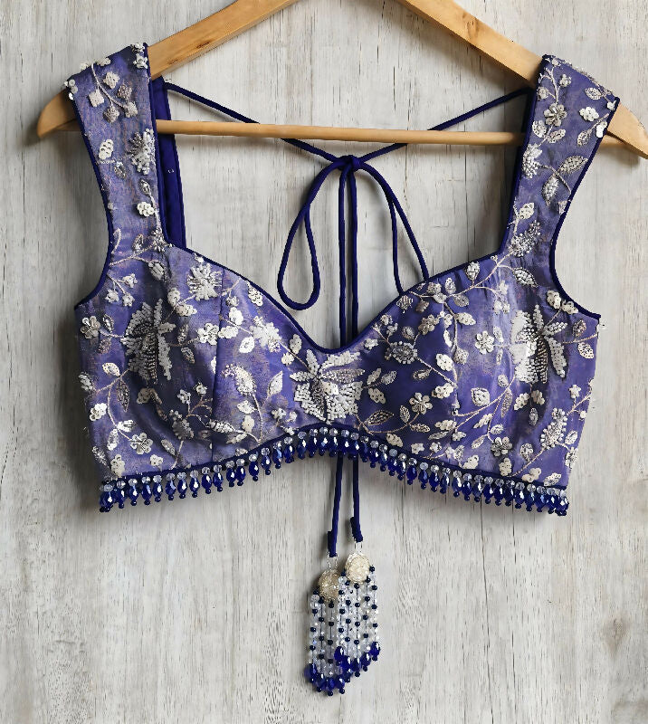 Blue Embroidered Tissue Silk Saree Blouse. Deep Sweetheart Neck Bralette DVBL_489
