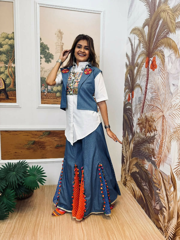 White indo western gujju sharara with crop jacket and shirt