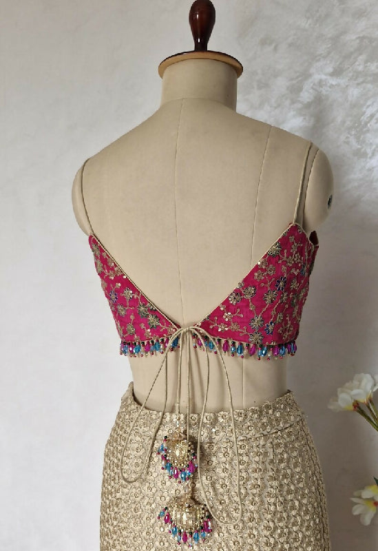Magenta Pink Embroidered Crepe Silk Deep V Neck Blouse