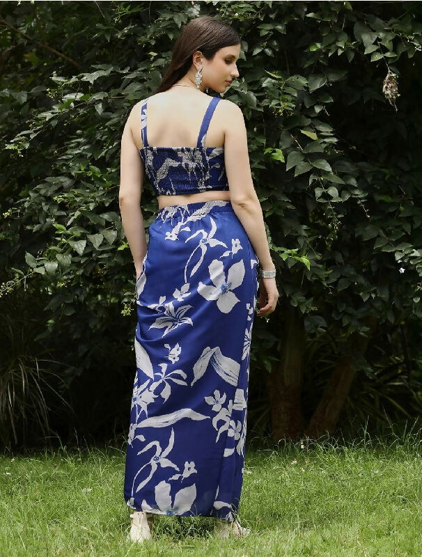 Blue floral corset top with dhoti and dupatta set