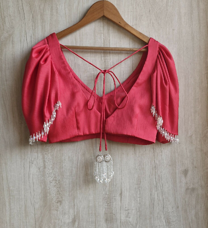 Pink Art Silk V Neck Ruffle Sleeves Blouse