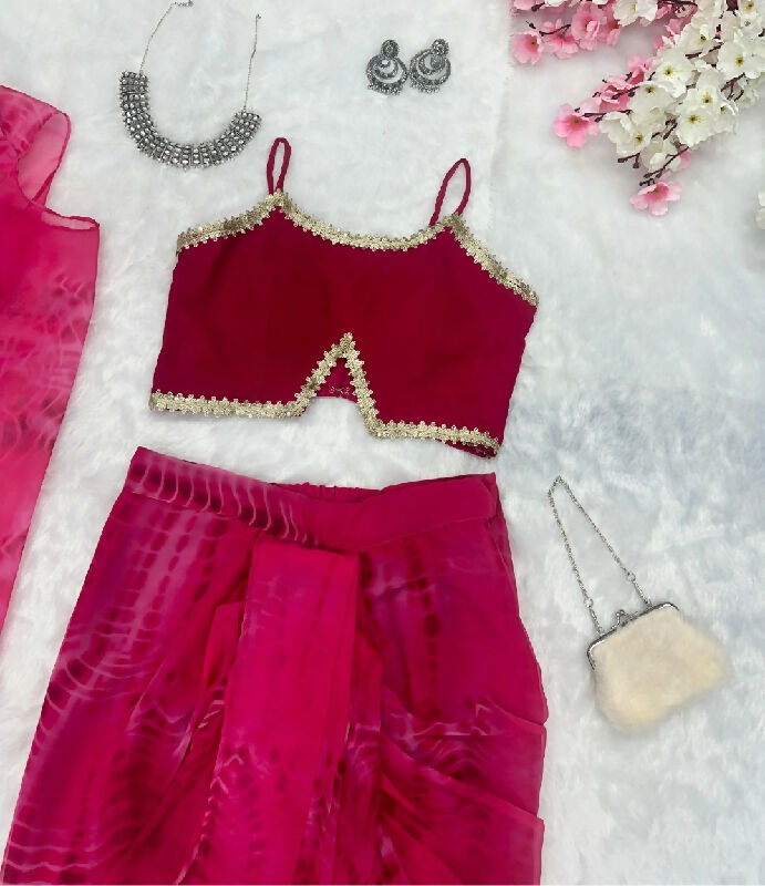 Pink indo western crop top with dhoti skirt and jacket 3pc set