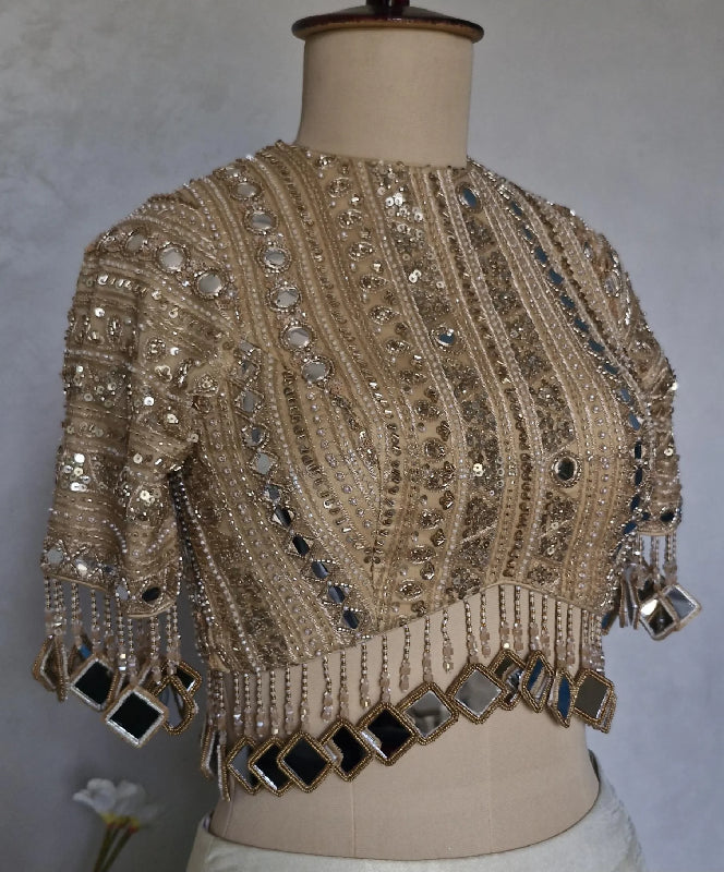 Dark Beige Gold Blouse, Embroidered, Sleeves, Mirror Fringes