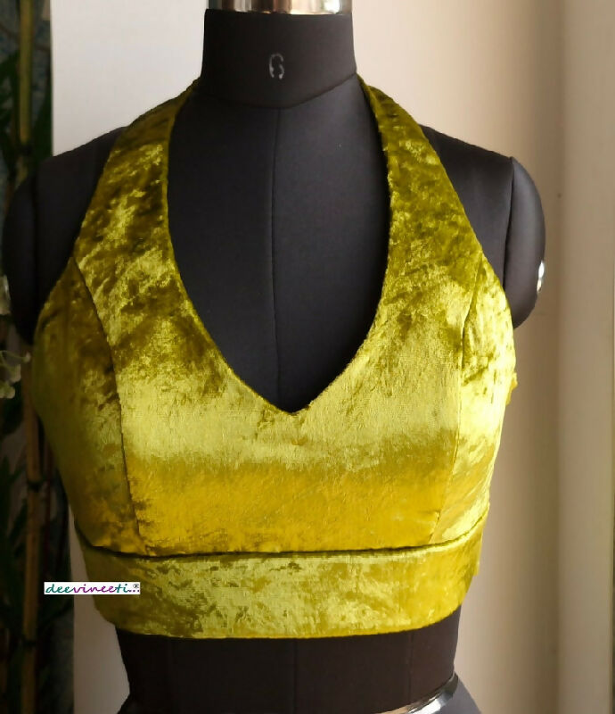 Olive Green Viscose Velvet Halter Neck Saree Lehenga Blouse