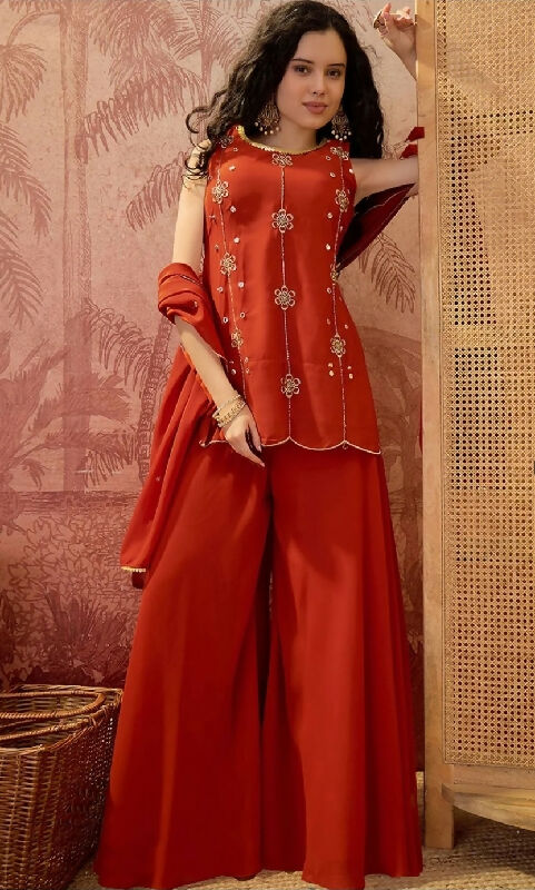 Orange short back crop top kurta with palazzo and dupatta set