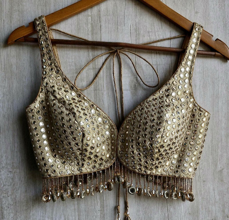 Champagne Gold Saree Blouse, Tissue Silk Sweetheart Neck, Mirror Fringes