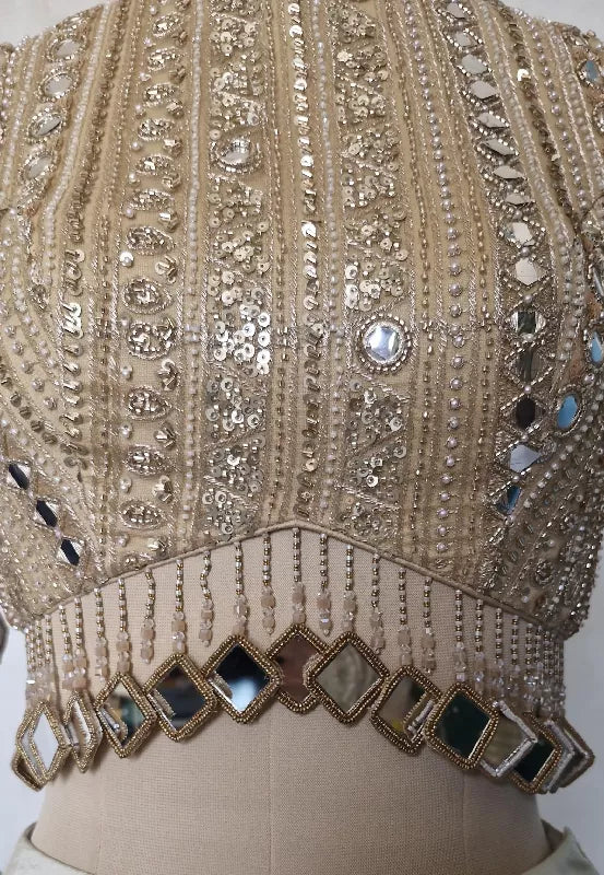 Dark Beige Gold Blouse, Embroidered, Sleeves, Mirror Fringes