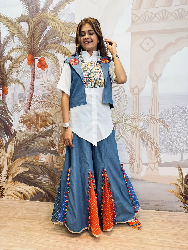 White indo western gujju sharara with crop jacket and shirt