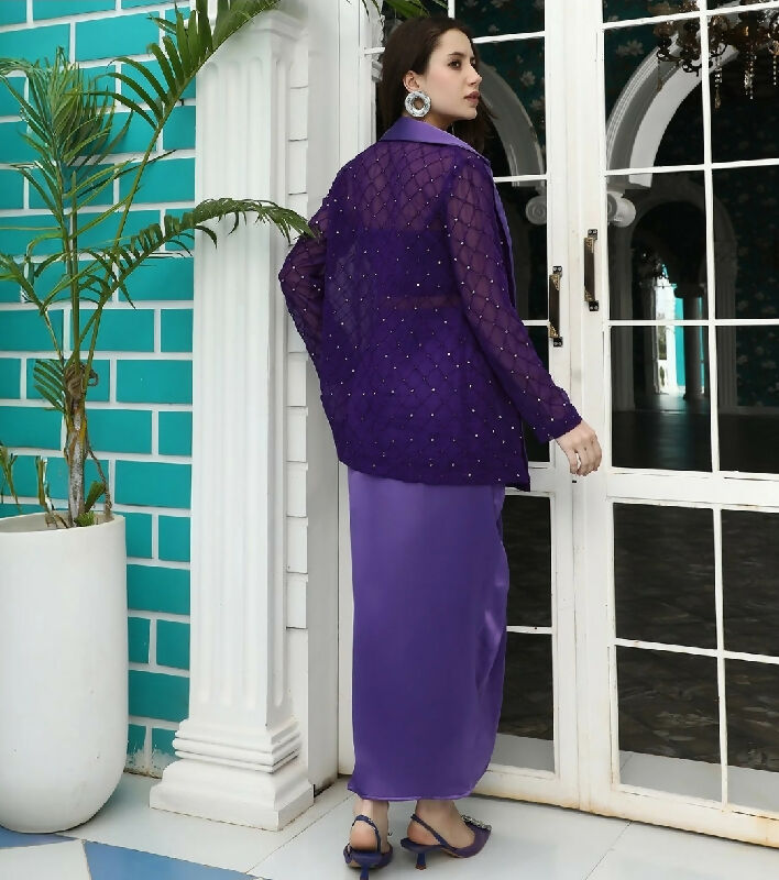 Purple indo western top with dhoti skirt and jacket set