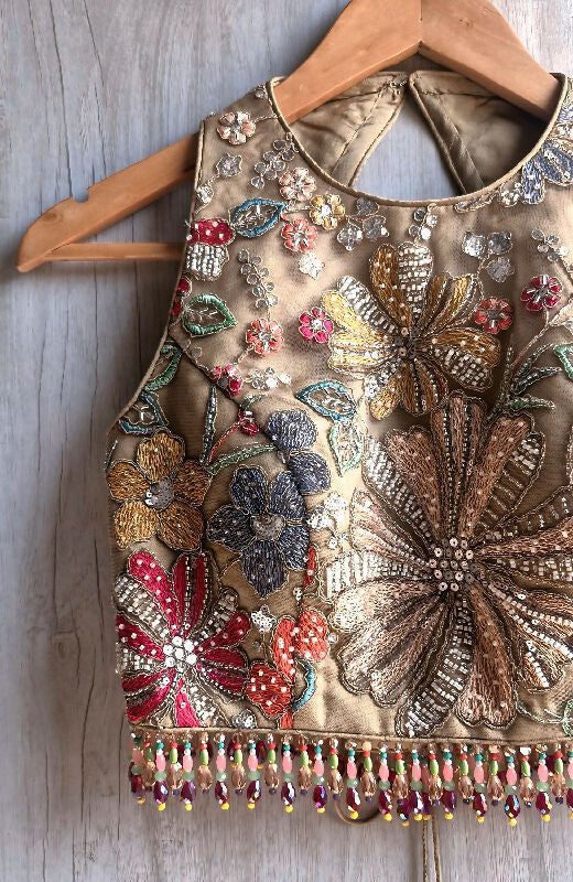 Earthy Taupe Embroidered Saree Blouse, Jewel Neck, Beads Fringes DVBL_488