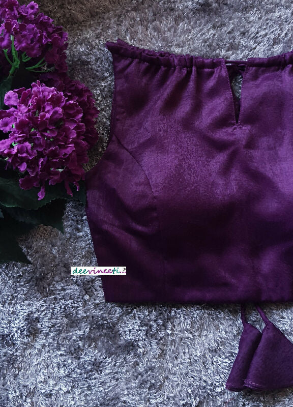 Purple Velvet Crepe Saree Lehenga Blouse Sleeveless Boatneck