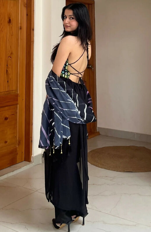 Black corset back mirror work kurti with pent and dupatta 3pc set