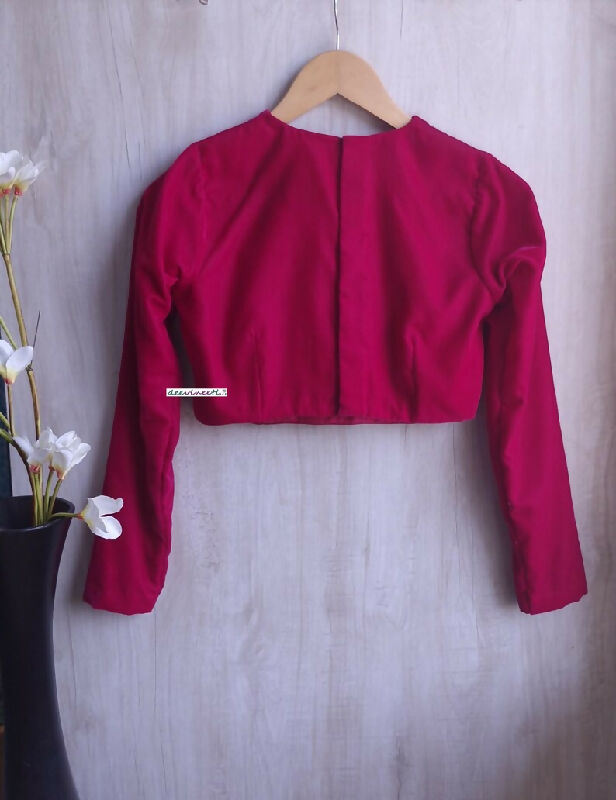 Bright Pink Velvet Saree Lehenga Blouse Jewel Neck Full Sleeves