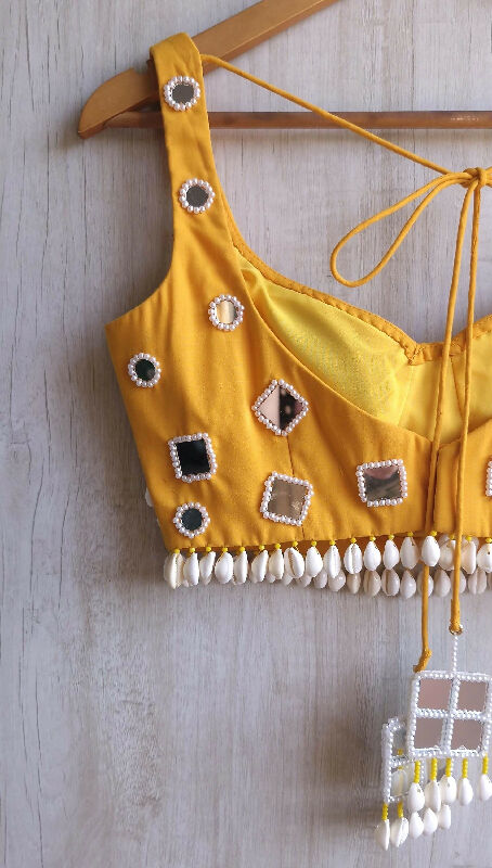 Amber Yellow Rayon Cotton Blouse, Mirror Embroidered Semi Sweetheart Neckline