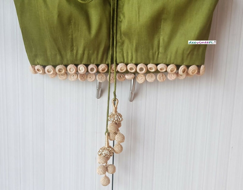Olive Green Raw Silk Deep V Neck Blouse with Mirror Fringes