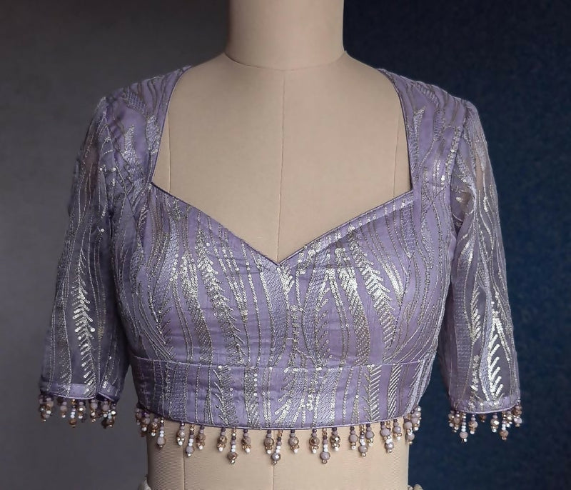 Lavender Embroidered Organza Sweetheart Neck Blouse