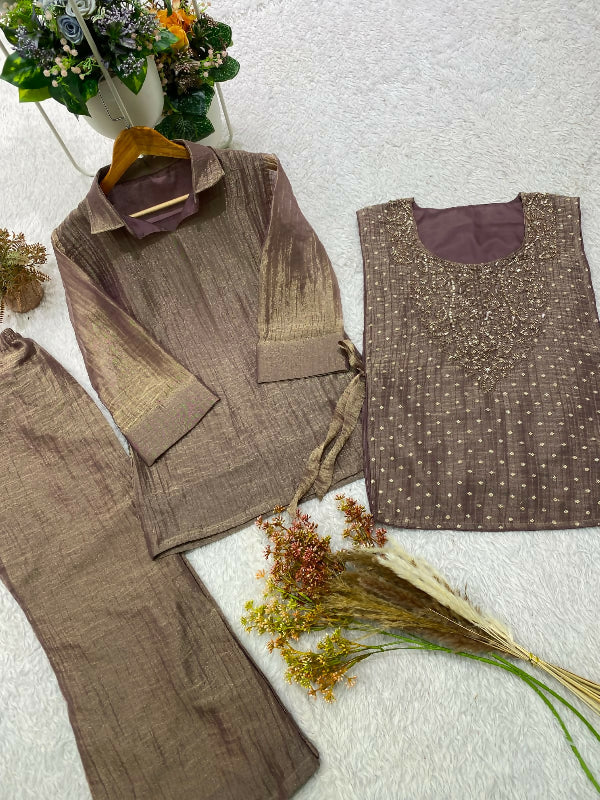 Green indo western crop top with short kurti and pent set