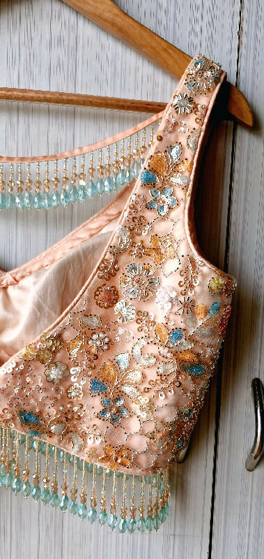 Peach Embroidered Net Blouse, Beads Fringes, Deep V Neck