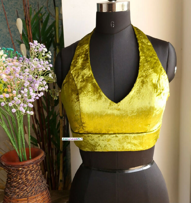 Olive Green Viscose Velvet Halter Neck Saree Lehenga Blouse