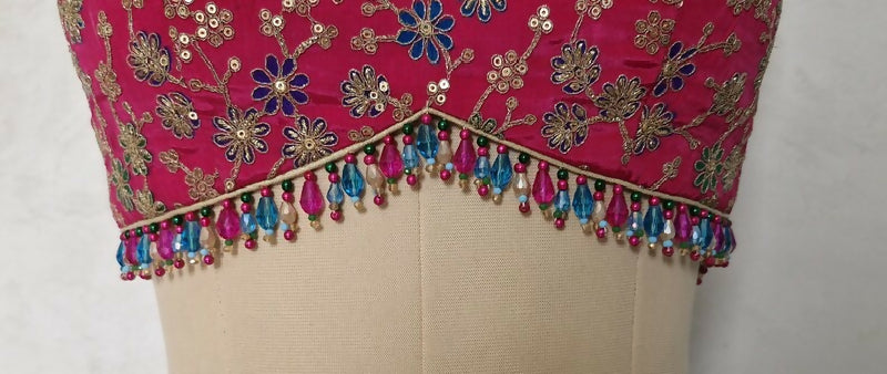 Magenta Pink Embroidered Crepe Silk Deep V Neck Blouse
