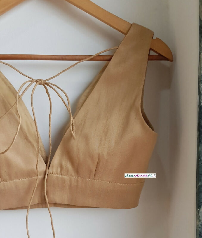 Beige Blended Raw Silk Plunge Neck Blouse
