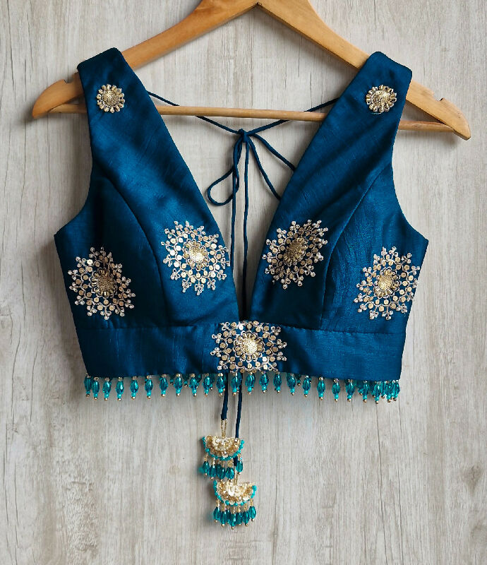 Teal Embroidered Plunge Neck Silk Saree Blouse