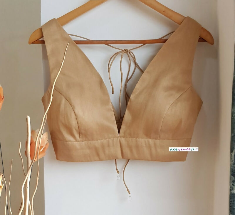 Beige Blended Raw Silk Plunge Neck Blouse