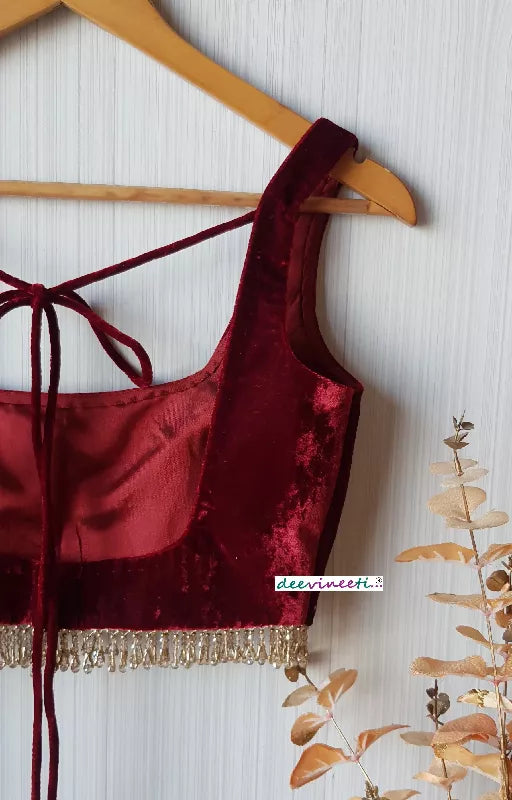 Deep Burgundy Velvet Saree Lehenga Blouse Sleeveless Square Neck with Fringes - Sleeveless & Half Sleeve