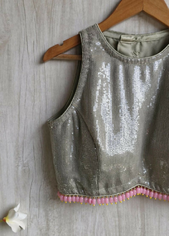 Sequin Embroidered Greenish Grey Jewel Neck Blouse, Handmade Fringes