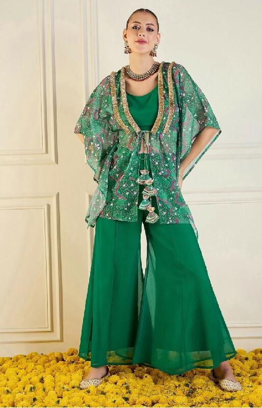 Green crop top with palazzo and shrug 3pc set