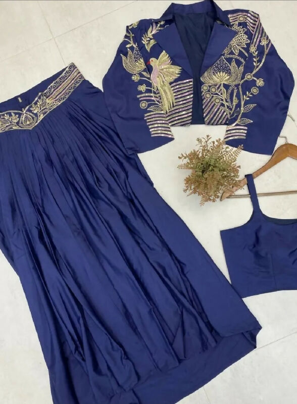 Blue indo western top with jacket and pleated skirt