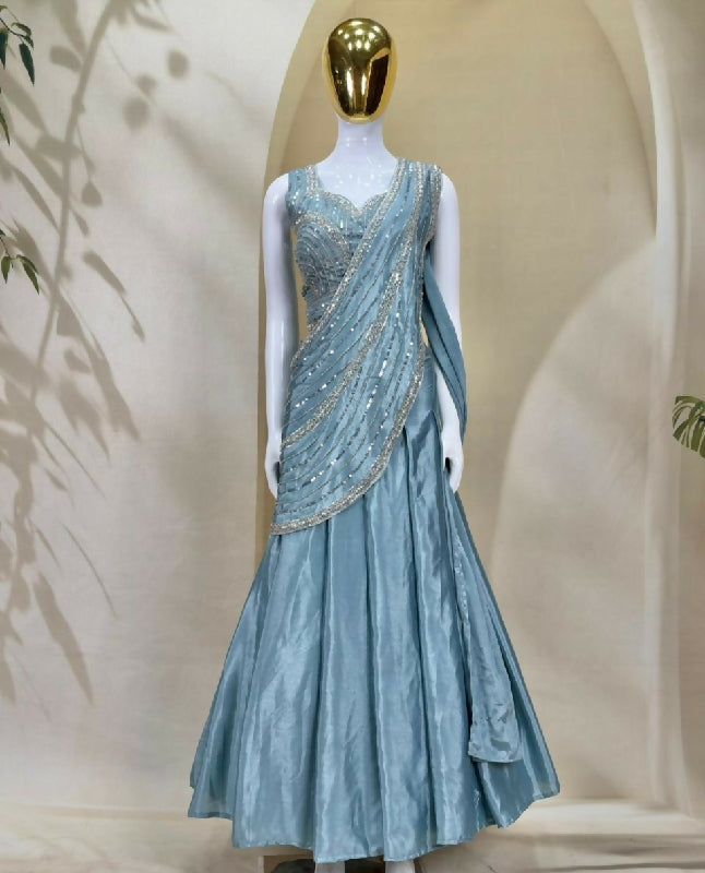 Blue indo western lehenga saree with blouse