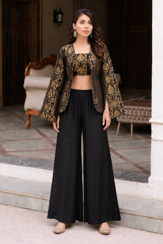 Black brocade jacket with top and palazzo