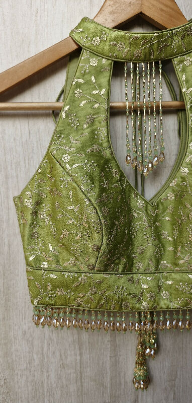 Green Embroidered Halter Neck Silk Blouse