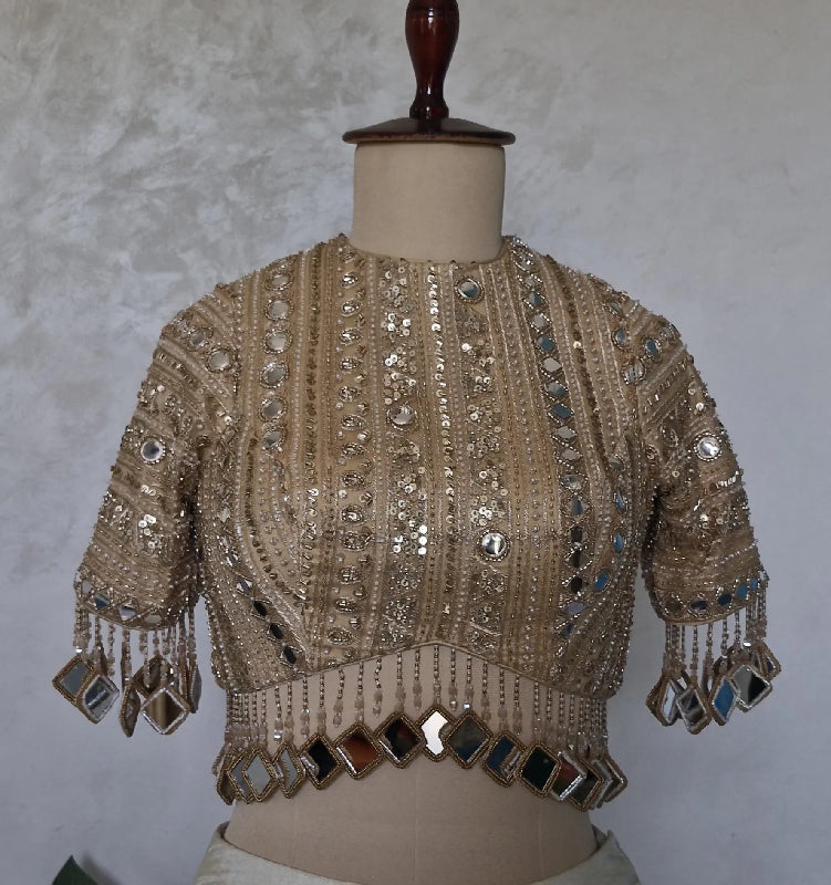 Dark Beige Gold Blouse, Embroidered, Sleeves, Mirror Fringes