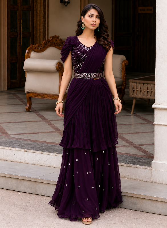Pleated puff sleeves top with lehenga saree 2pc set