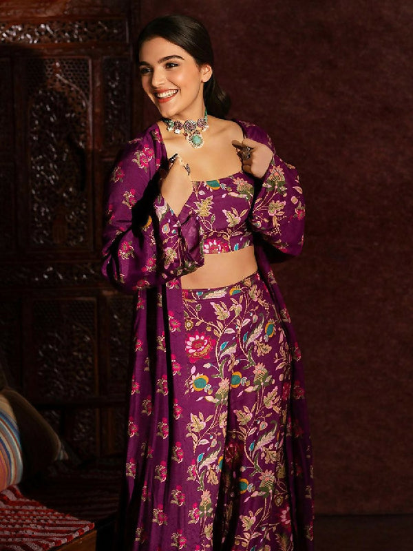 Purple floral printed palazzo with top and jacket