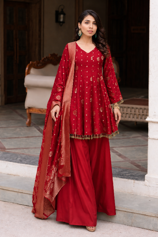 Red floral a line peplum kurti with palazzo and dupatta set