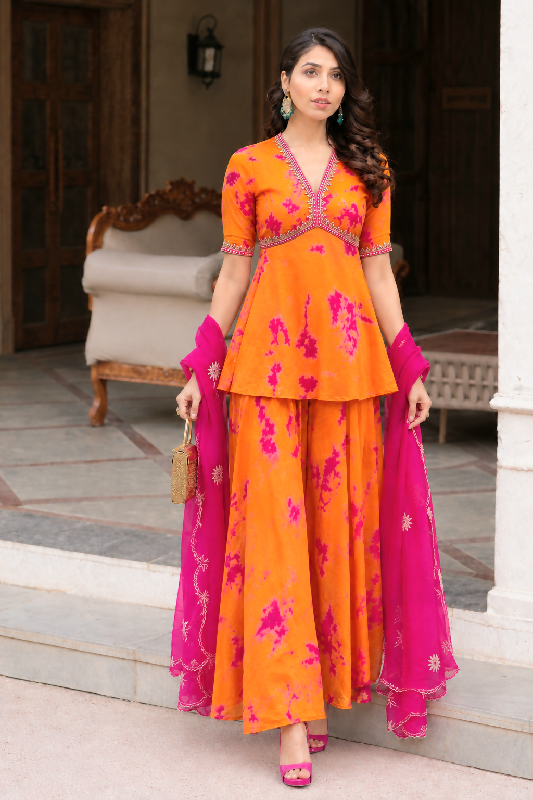 Orange v neck peplum stylish top with palazzo and dupatta 3pc set