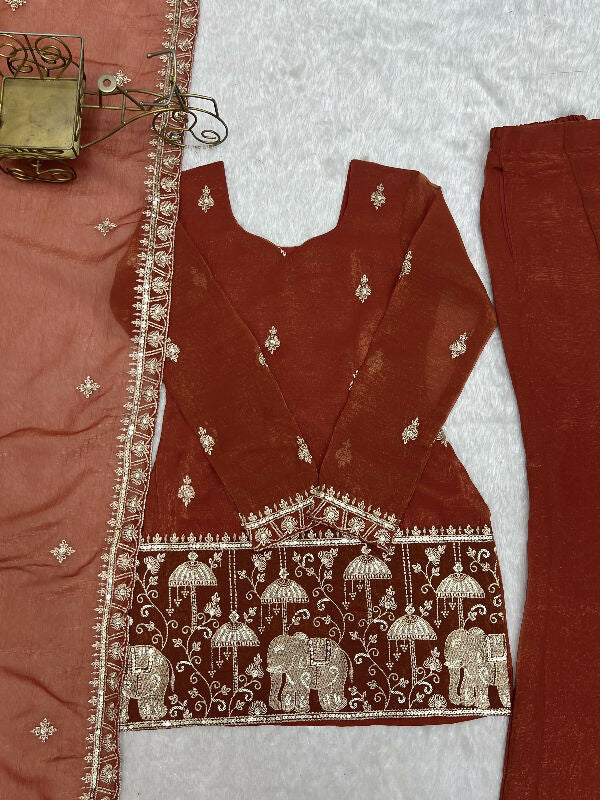 Orange silk corset short kurta with sharara and dupatta set